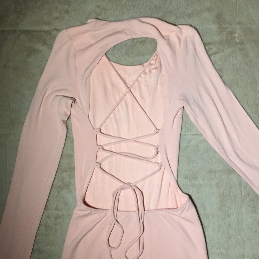 Backless baby pink dress with lace-up back